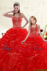 Amazing Red Ball Gowns Sweetheart Sleeveless Organza Floor Length Lace Up Beading and Ruffles Quinceanera Dresses