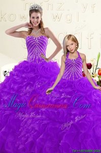 Unique Purple Lace Up 15th Birthday Dress Beading and Ruffles Sleeveless Floor Length