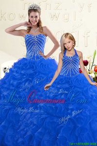 Sleeveless Organza Floor Length Lace Up Quince Ball Gowns in Blue for with Beading and Ruffles