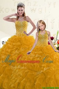 Gold Lace Up Sweetheart Beading and Ruffles Quinceanera Dress Organza Sleeveless