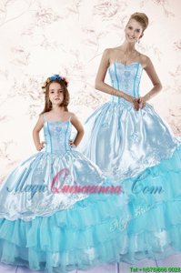 Custom Fit Baby Blue Ball Gowns Organza Sweetheart Sleeveless Embroidery and Ruffled Layers Floor Length Zipper Sweet 16 Dresses