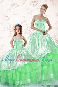 Green Sweetheart Lace Up Embroidery and Ruffled Layers Quinceanera Gown Sleeveless