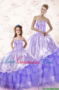 Custom Fit Sleeveless Organza Floor Length Lace Up Sweet 16 Quinceanera Dress in Lavender for with Embroidery and Ruffled Layers