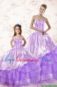 New Arrival Sweetheart Sleeveless Quinceanera Gowns Floor Length Embroidery and Ruffled Layers Lavender Organza