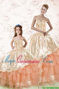 Ruffled Peach Sleeveless Organza Lace Up Ball Gown Prom Dress for Military Ball and Sweet 16 and Quinceanera