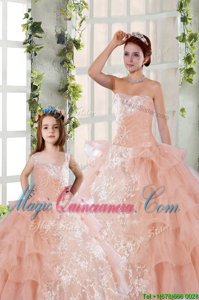Designer Peach Sleeveless Floor Length Beading and Ruffled Layers and Ruching Lace Up Sweet 16 Dresses