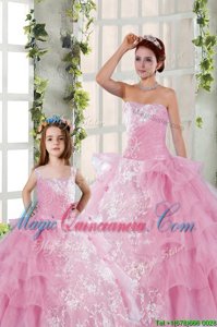 Floor Length Lace Up Quinceanera Gown Rose Pink and In for Military Ball and Sweet 16 and Quinceanera with Beading and Ruffled Layers and Ruching