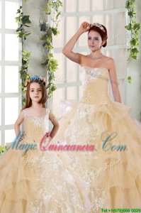 Champagne Vestidos de Quinceanera Military Ball and Sweet 16 and Quinceanera and For with Beading and Ruffled Layers and Ruching Strapless Sleeveless Lace Up