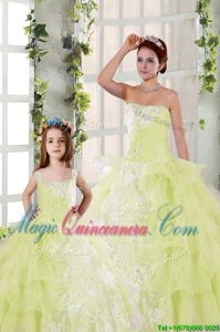 Inexpensive Light Yellow Organza Lace Up Strapless Sleeveless Floor Length Quince Ball Gowns Beading and Ruffled Layers and Ruching