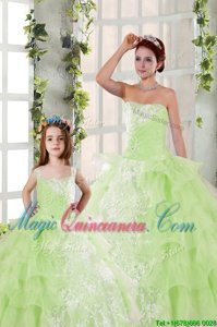Yellow Green Ball Gowns Organza Strapless Sleeveless Beading and Ruffled Layers and Ruching Floor Length Lace Up Quince Ball Gowns