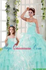 Dazzling Ruffled Ball Gowns Quince Ball Gowns Aqua Blue Strapless Organza Sleeveless Floor Length Lace Up