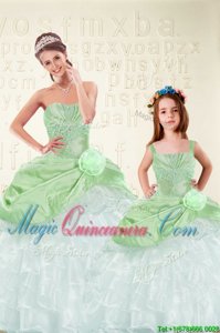 Organza and Taffeta Lace Up Sweetheart Sleeveless Floor Length Quinceanera Gown Beading and Ruffled Layers and Hand Made Flower