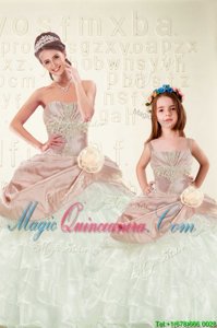 Pink And White Sleeveless Beading and Ruffled Layers and Hand Made Flower Floor Length Quince Ball Gowns