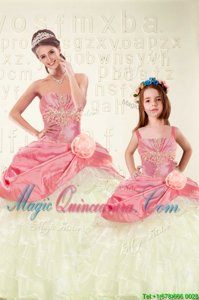 Sweetheart Sleeveless Quince Ball Gowns Floor Length Beading and Ruffled Layers and Hand Made Flower Pink Organza and Taffeta