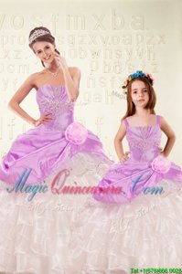 Smart Lilac Ball Gowns Beading and Ruffled Layers and Hand Made Flower Sweet 16 Dress Lace Up Organza and Taffeta Sleeveless Floor Length