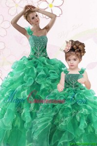 Ball Gowns Ball Gown Prom Dress Green One Shoulder Organza Sleeveless Floor Length Lace Up