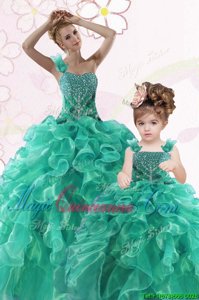 Hot Selling One Shoulder Turquoise Sleeveless Beading and Ruffles Floor Length 15th Birthday Dress