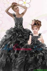 Discount One Shoulder Black Sleeveless Beading and Ruffles Floor Length Quinceanera Gown