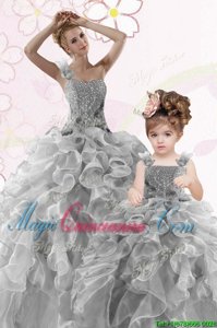 Classical One Shoulder Sleeveless 15th Birthday Dress Floor Length Beading and Ruffles Grey Organza