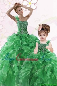 One Shoulder Organza Sleeveless Floor Length Quinceanera Dress and Beading and Ruffles