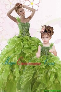 Great One Shoulder Green Lace Up Quinceanera Gowns Beading and Ruffles Sleeveless Floor Length