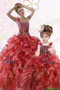 Perfect Coral Red One Shoulder Neckline Beading and Ruffles Quinceanera Gowns Sleeveless Lace Up