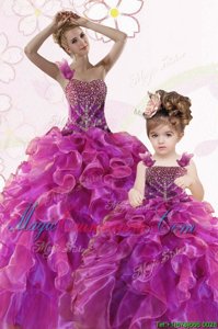 Sleeveless Organza Floor Length Lace Up Ball Gown Prom Dress in Fuchsia for with Beading and Ruffles