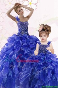 Royal Blue Ball Gowns Organza One Shoulder Sleeveless Beading and Ruffles Floor Length Lace Up 15th Birthday Dress