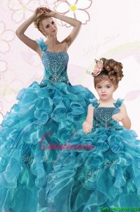 One Shoulder Teal Sleeveless Beading and Ruffles Floor Length 15 Quinceanera Dress
