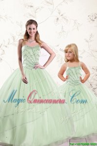 Sleeveless Tulle Floor Length Lace Up Quinceanera Dress in Apple Green for with Beading