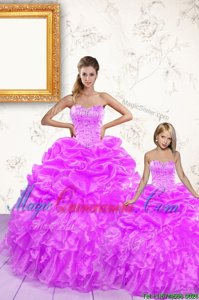 Extravagant Sweetheart Sleeveless Sweet 16 Dress Floor Length Beading and Ruffles and Pick Ups Lilac Organza
