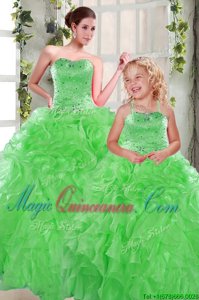 Green Sweetheart Lace Up Beading and Ruffles Quinceanera Gown Sleeveless