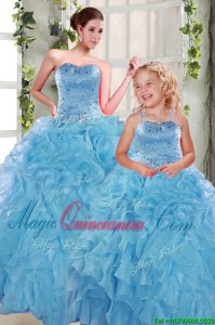 Aqua Blue Lace Up Sweetheart Beading and Ruffles Quinceanera Gowns Organza Sleeveless