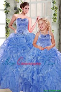 Blue Sleeveless Floor Length Beading and Ruffles Lace Up 15th Birthday Dress