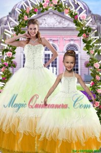 Tulle Sleeveless Floor Length Ball Gown Prom Dress and Beading and Ruffles
