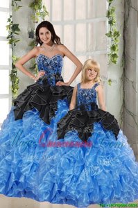 Sleeveless Floor Length Beading and Ruffles Lace Up Sweet 16 Dress with Black and Blue