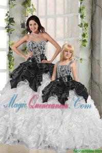 Ball Gowns 15th Birthday Dress White and Black Sweetheart Organza Sleeveless Floor Length Lace Up
