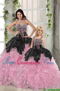 Beading and Ruffles Sweet 16 Quinceanera Dress Pink And Black Lace Up Sleeveless Floor Length