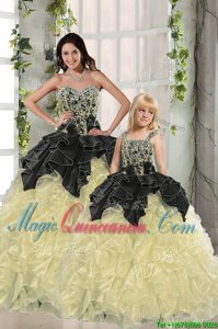 High End Black and Light Yellow Sweetheart Neckline Beading and Ruffles Vestidos de Quinceanera Sleeveless Lace Up