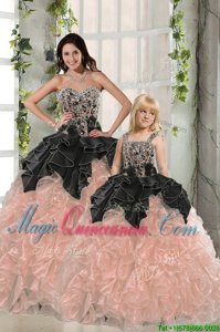 Black and Peach Lace Up Sweetheart Beading and Ruffles Sweet 16 Dress Organza Sleeveless