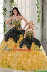 Traditional Black and Yellow Ball Gowns Sweetheart Sleeveless Organza Floor Length Lace Up Beading and Ruffles Quinceanera Gown