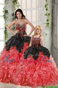 Dynamic Red And Black Sleeveless Organza Lace Up Sweet 16 Dresses for Military Ball and Sweet 16 and Quinceanera