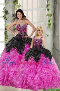 Most Popular Pink And Black Ball Gowns Beading and Ruffles Quinceanera Gowns Lace Up Organza Sleeveless Floor Length