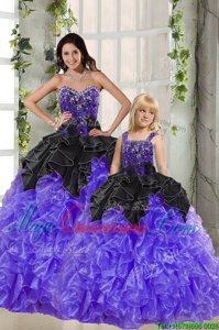 Sleeveless Floor Length Beading and Ruffles Lace Up Quinceanera Gown with Black And Purple