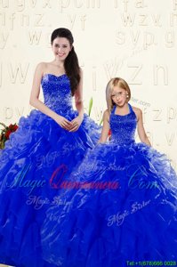 Royal Blue Sleeveless Floor Length Beading and Ruffles Lace Up 15 Quinceanera Dress