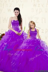 Sleeveless Beading and Ruffles Lace Up Quince Ball Gowns