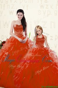 Elegant Red Sweetheart Lace Up Beading and Ruffles 15 Quinceanera Dress Long Sleeves