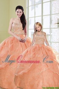 Orange Ball Gowns Beading and Sequins Sweet 16 Quinceanera Dress Lace Up Organza Sleeveless Floor Length