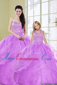 Lavender Ball Gowns Beading and Sequins Vestidos de Quinceanera Lace Up Organza Sleeveless Floor Length