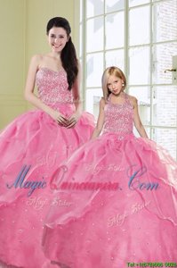 Vintage Sleeveless Organza Floor Length Lace Up Quince Ball Gowns in Rose Pink for with Beading and Sequins